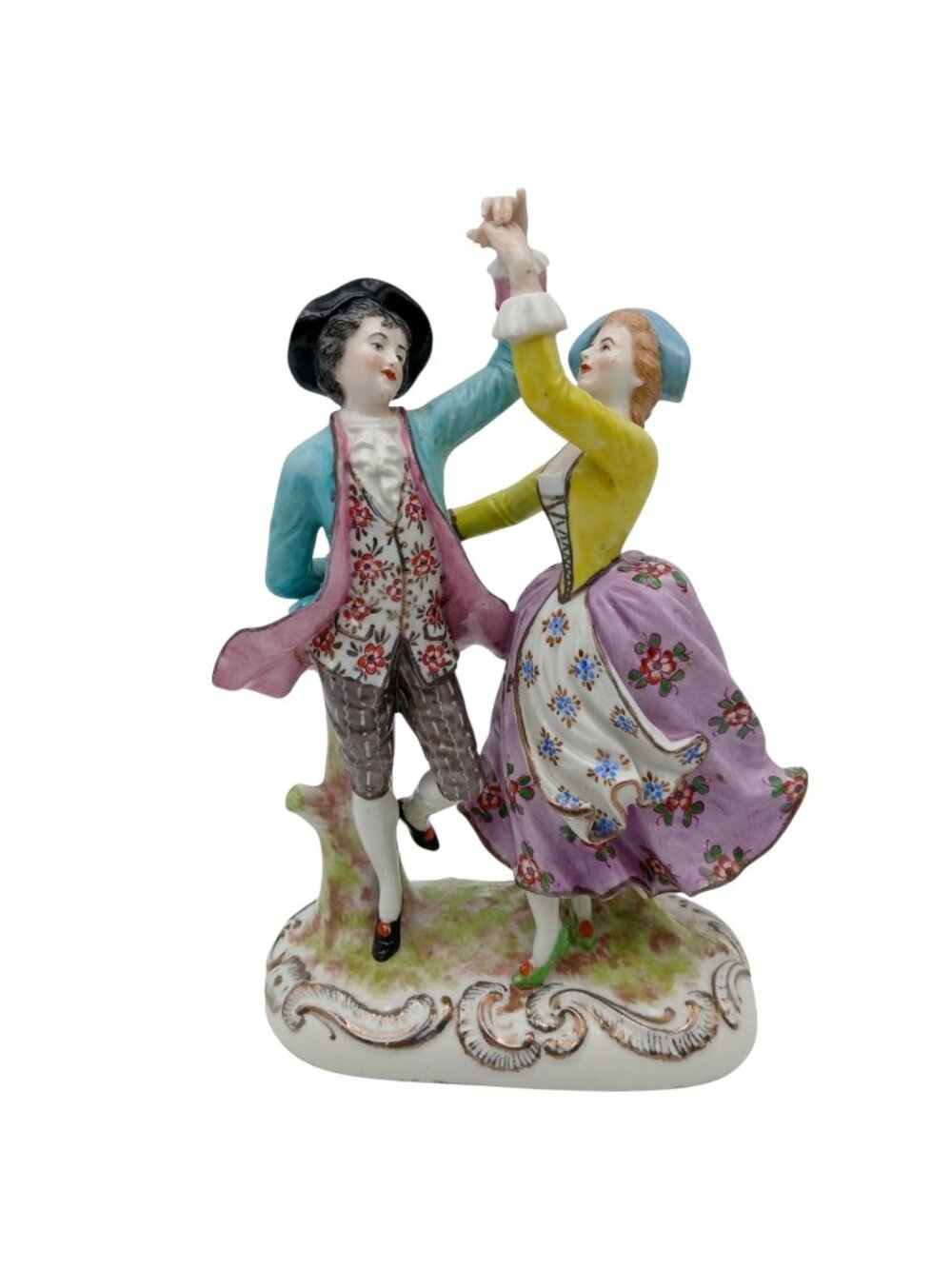 French Dancing Rococo Courting Couple, Hand Painted Polychome Porcelain
